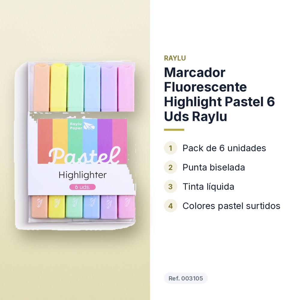MARCADOR FLUORESCENTE HIGHLIGHT PASTEL 6 UDS RAYLU - características principales