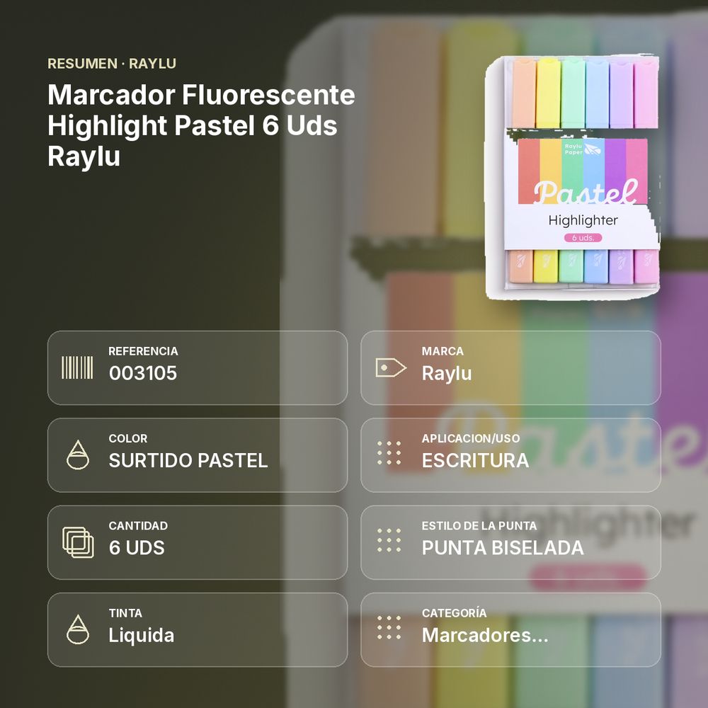 MARCADOR FLUORESCENTE HIGHLIGHT PASTEL 6 UDS RAYLU - resumen de atributos