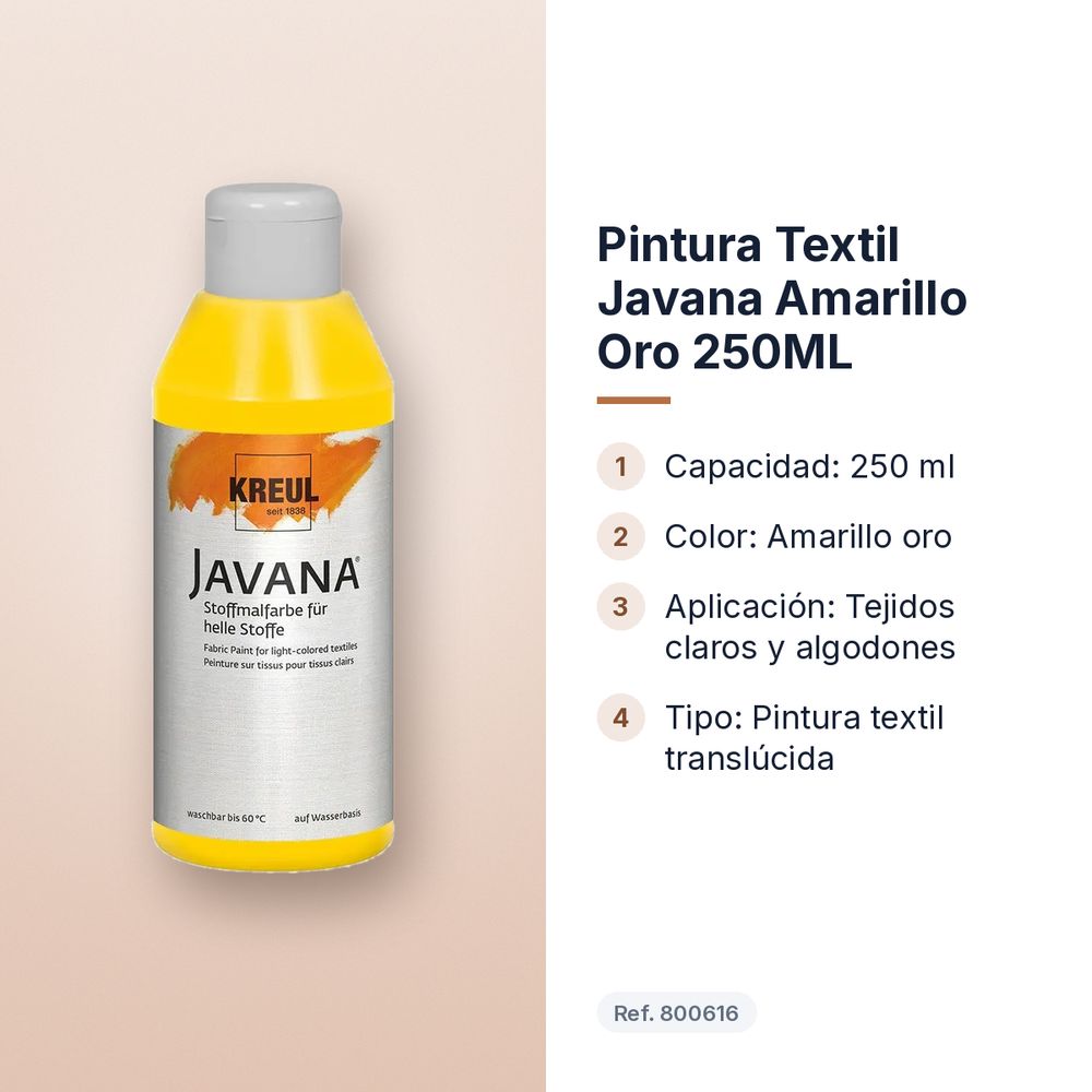 PINTURA TEXTIL JAVANA AMARILLO ORO 250ML - características principales