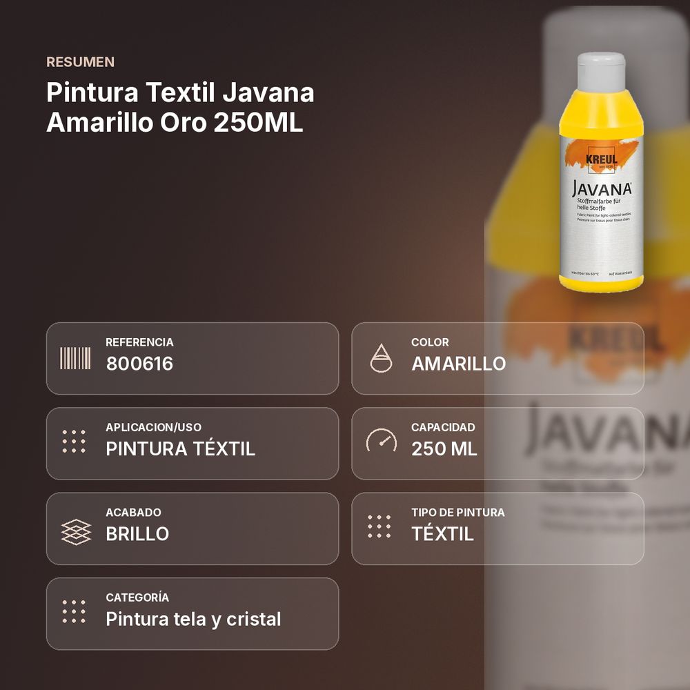 PINTURA TEXTIL JAVANA AMARILLO ORO 250ML - resumen de atributos