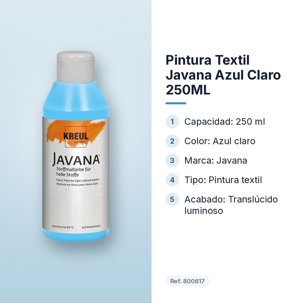 PINTURA TEXTIL JAVANA AZUL CLARO 250ML  - características principales