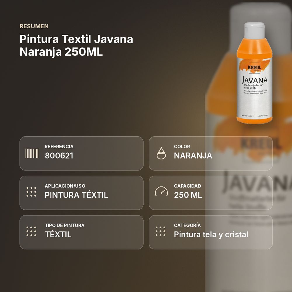 PINTURA TEXTIL JAVANA NARANJA 250ML     - resumen de atributos