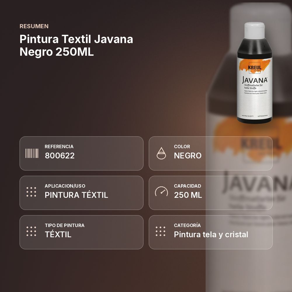 PINTURA TEXTIL JAVANA NEGRO 250ML      - resumen de atributos