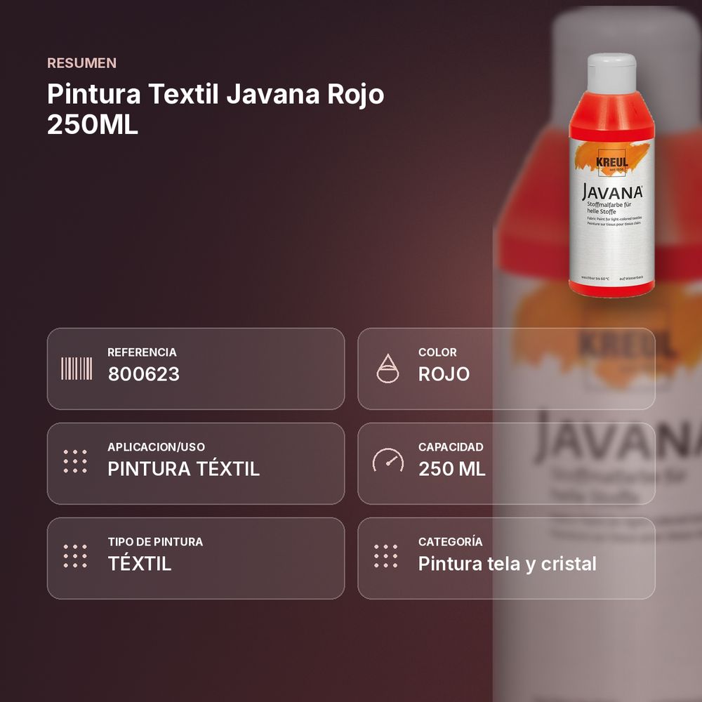PINTURA TEXTIL JAVANA ROJO 250ML       - resumen de atributos
