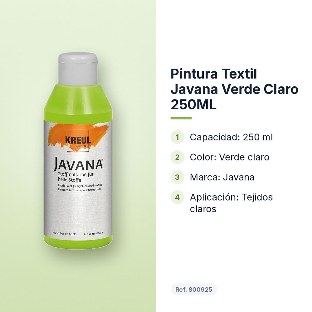PINTURA TEXTIL JAVANA VERDE CLARO 250ML        - características principales