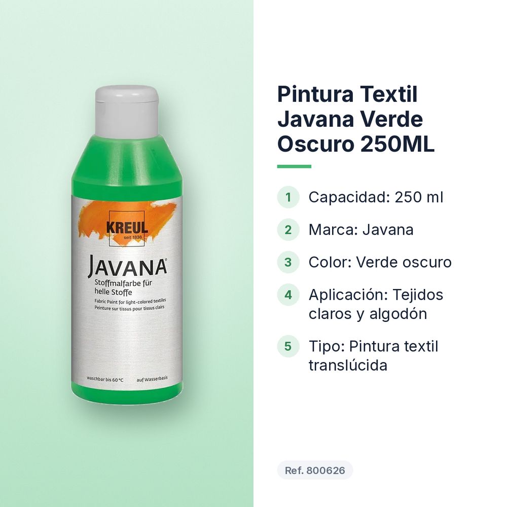 PINTURA TEXTIL JAVANA VERDE OSCURO 250ML        - características principales