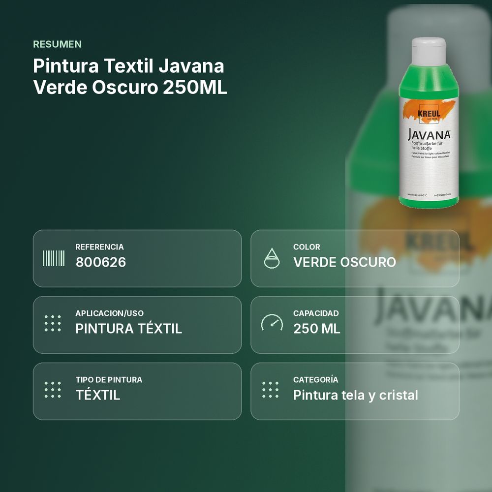 PINTURA TEXTIL JAVANA VERDE OSCURO 250ML        - resumen de atributos