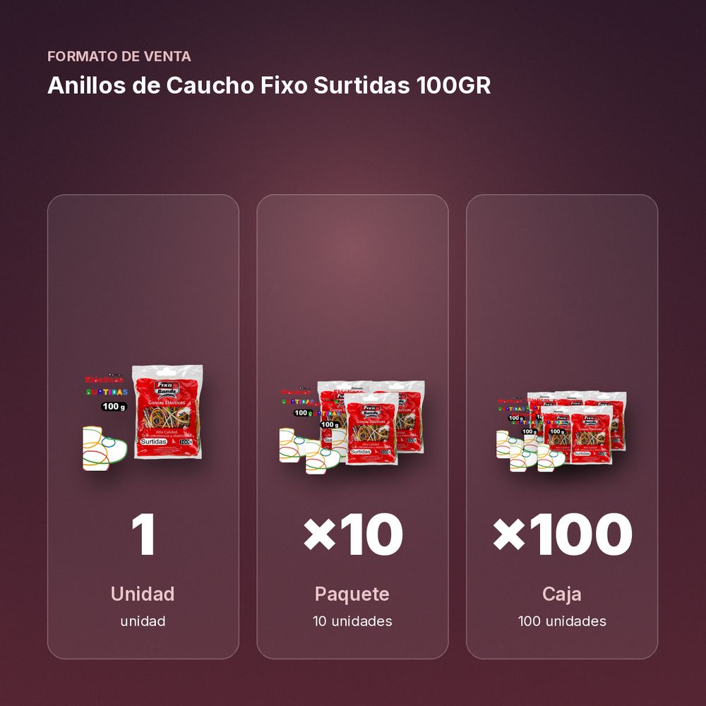 ANILLOS DE CAUCHO FIXO SURTIDAS 100GR - formato de venta: paquete de 10, caja de 100