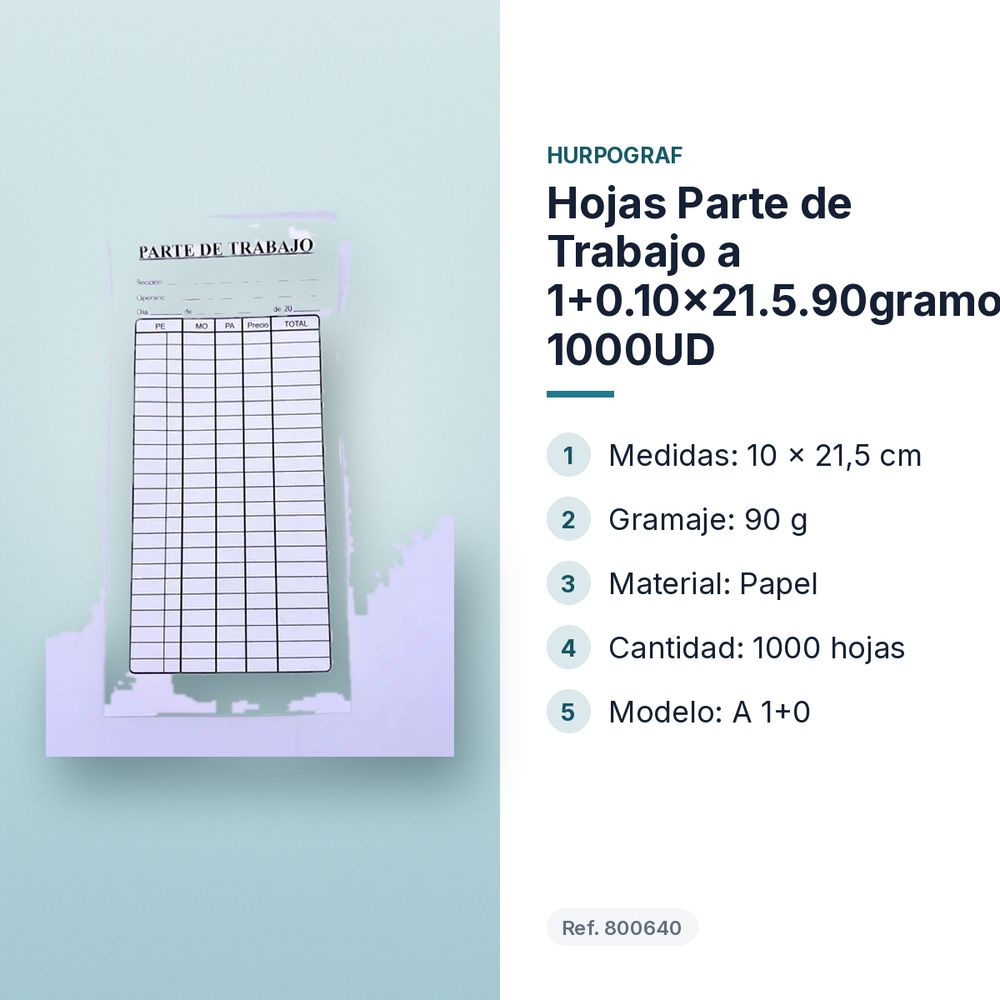 HOJAS PARTE DE TRABAJO A 1+0.10X21.5.90GRAMOS 1000UD - características principales