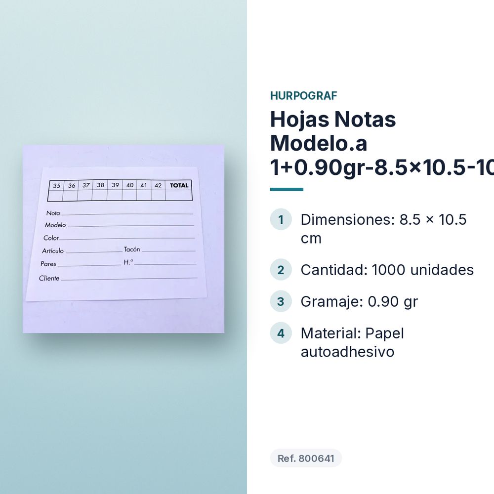 HOJAS NOTAS MODELO.A 1+0.90GR-8.5X10.5-1000UD - características principales