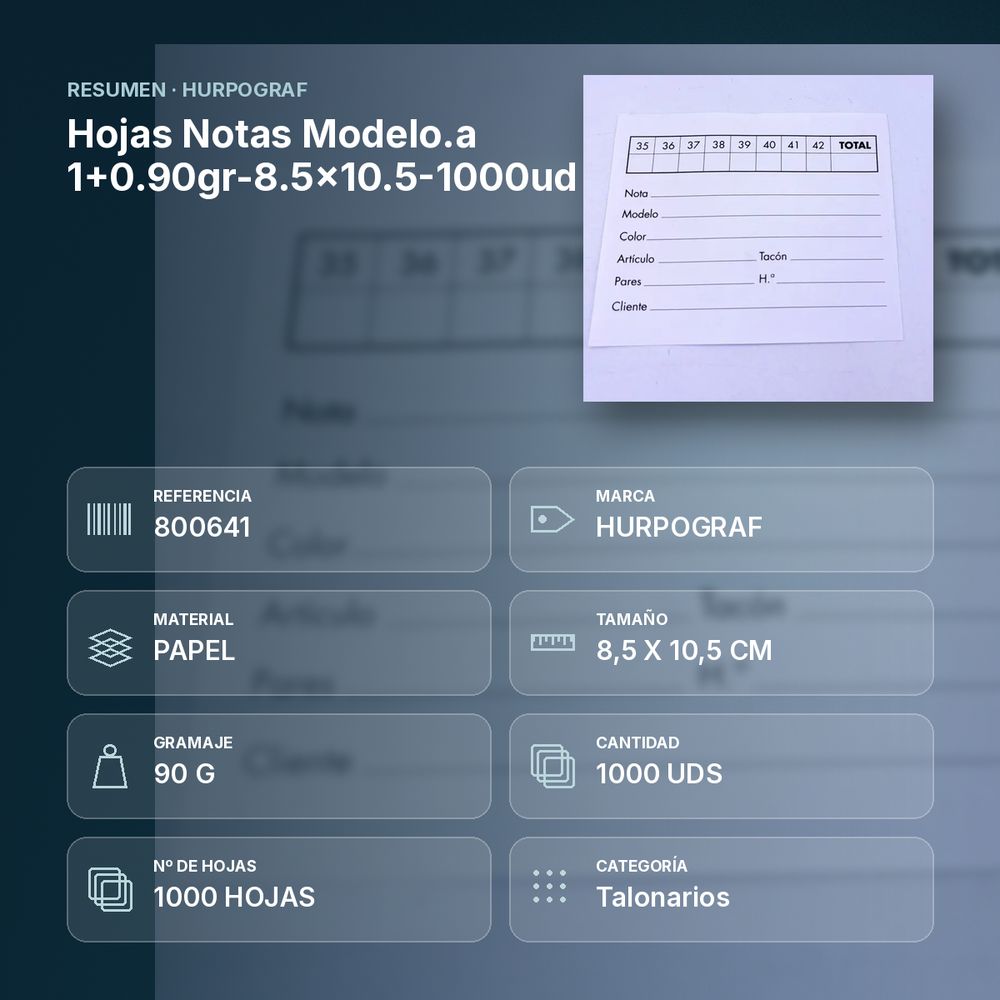 HOJAS NOTAS MODELO.A 1+0.90GR-8.5X10.5-1000UD - resumen de atributos