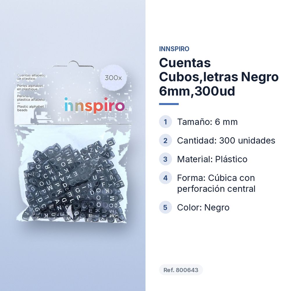 CUENTAS CUBOS,LETRAS NEGRO 6MM,300UD - características principales