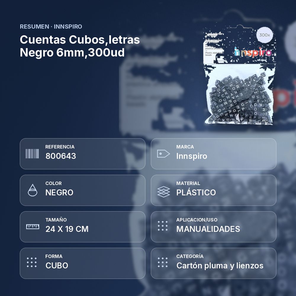 CUENTAS CUBOS,LETRAS NEGRO 6MM,300UD - resumen de atributos