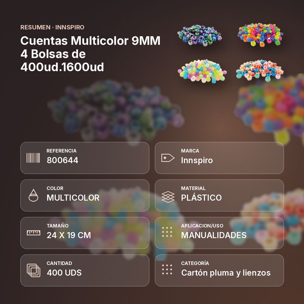 CUENTAS MULTICOLOR 9MM 4 BOLSAS DE 400UD.1600UD - resumen de atributos