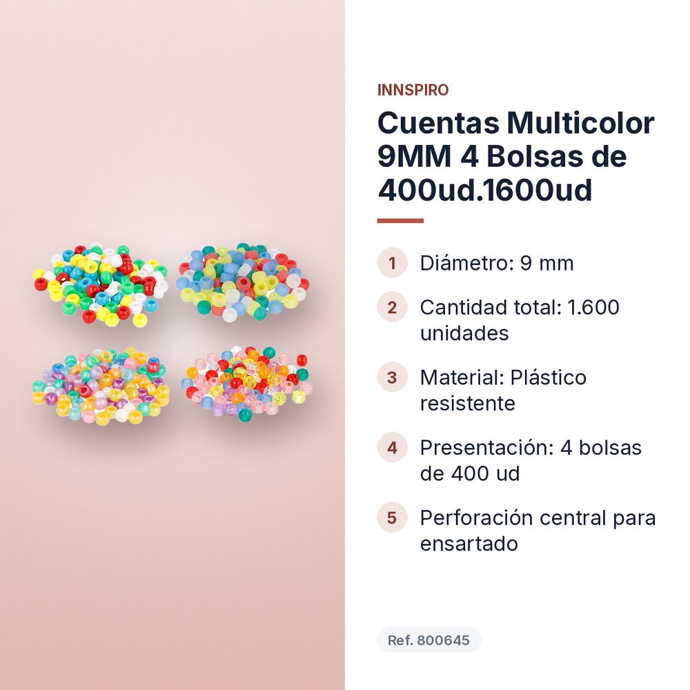 CUENTAS MULTICOLOR 9MM 4 BOLSAS DE 400UD.1600UD  - características principales