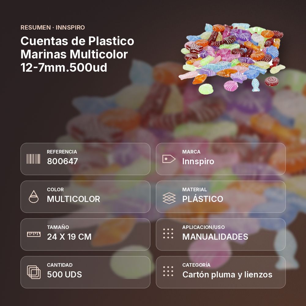 CUENTAS DE PLASTICO MARINAS MULTICOLOR 12-7MM.500UD  - resumen de atributos