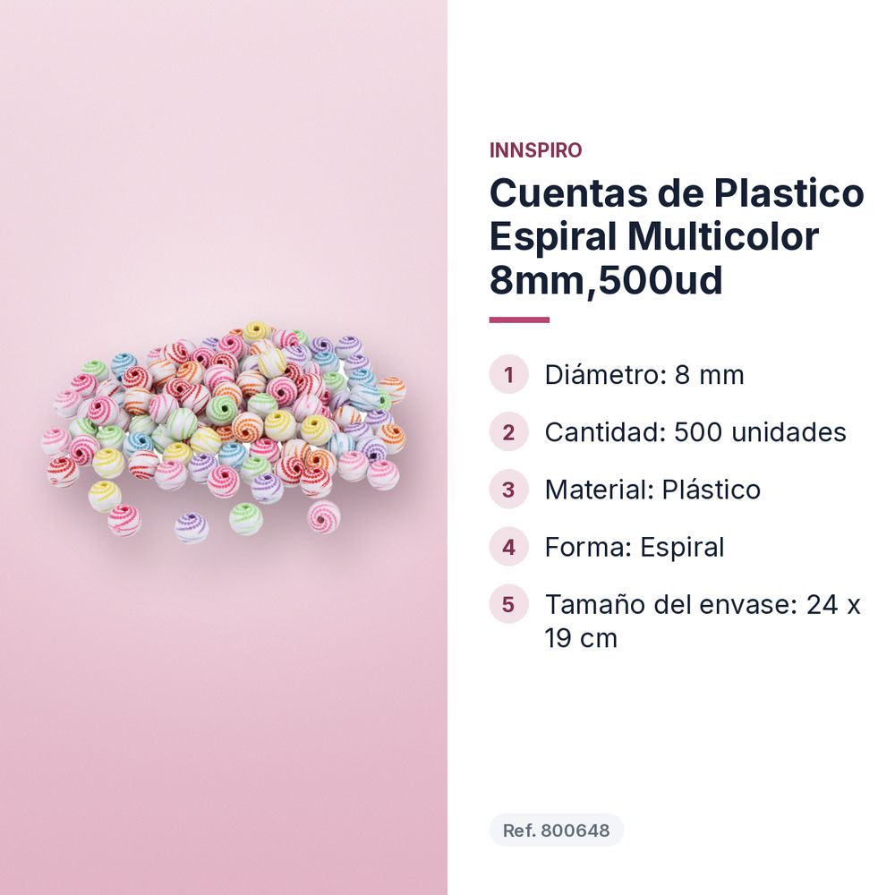 CUENTAS DE PLASTICO ESPIRAL MULTICOLOR 8MM,500UD - características principales