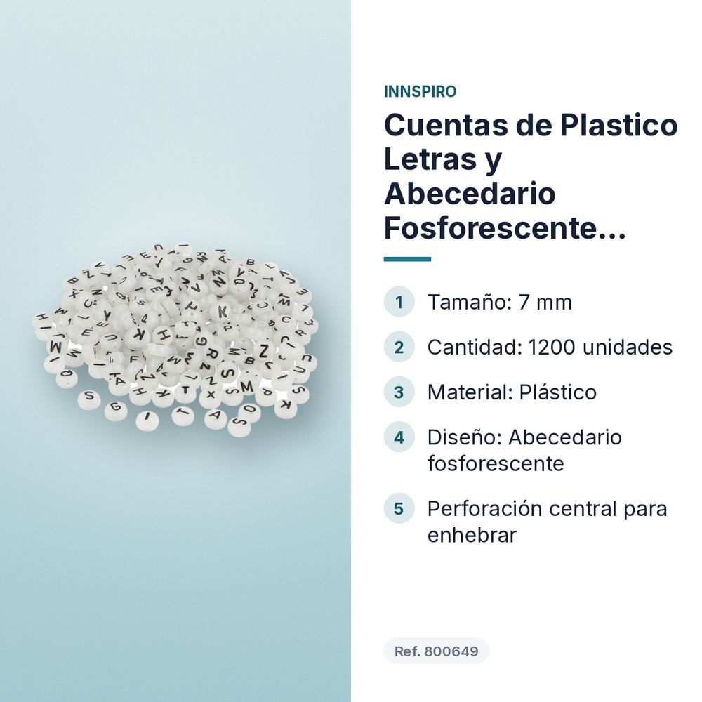 CUENTAS DE PLASTICO LETRAS Y ABECEDARIO FOSFORESCENTE  7MM.1200UD - características principales