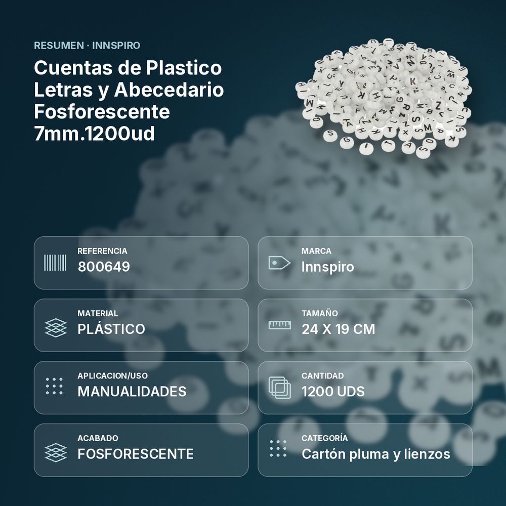 CUENTAS DE PLASTICO LETRAS Y ABECEDARIO FOSFORESCENTE  7MM.1200UD - resumen de atributos