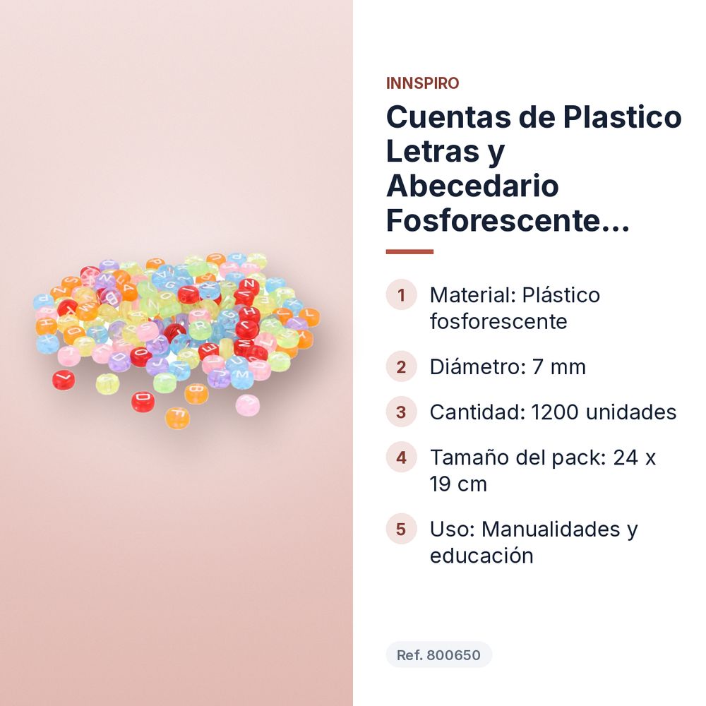 CUENTAS DE PLASTICO LETRAS Y ABECEDARIO FOSFORESCENTE  7MM.1200UD  - características principales