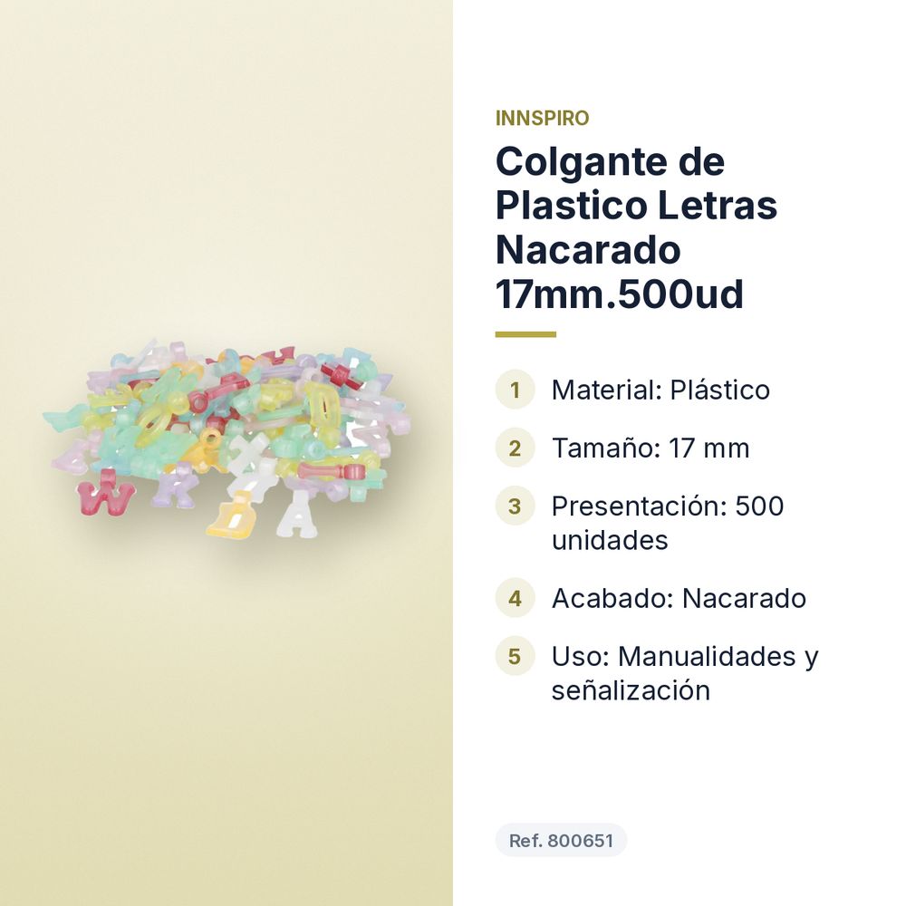 COLGANTE DE PLASTICO LETRAS NACARADO 17MM.500UD - características principales