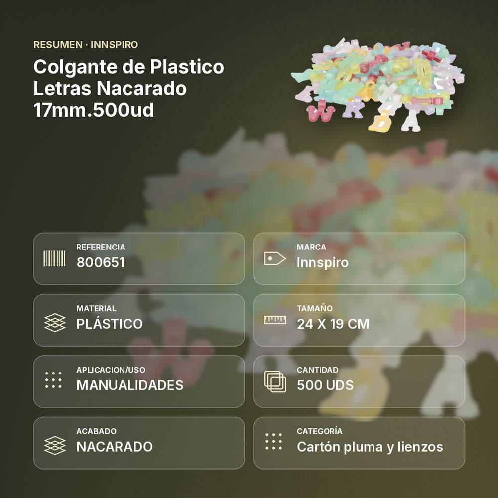 COLGANTE DE PLASTICO LETRAS NACARADO 17MM.500UD - resumen de atributos