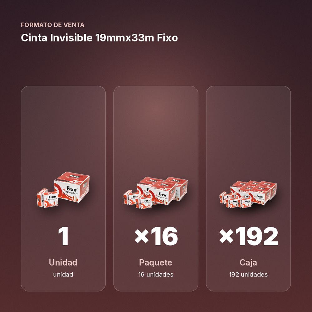 CINTA INVISIBLE 19MMX33M FIXO  - formato de venta: paquete de 16, caja de 192