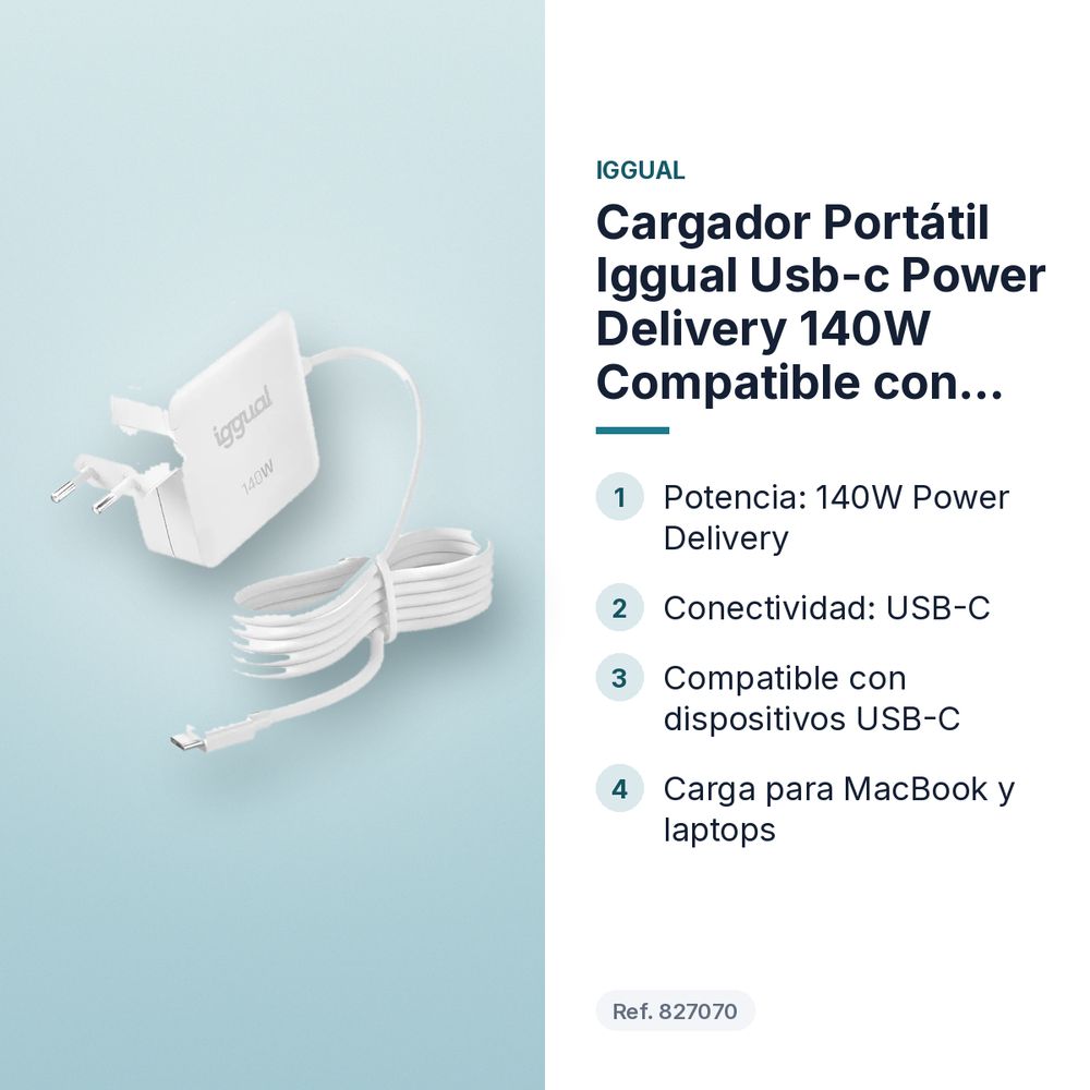 CARGADOR PORTÁTIL IGGUAL USB-C POWER DELIVERY 140W COMPATIBLE CON MACBOOK - características principales