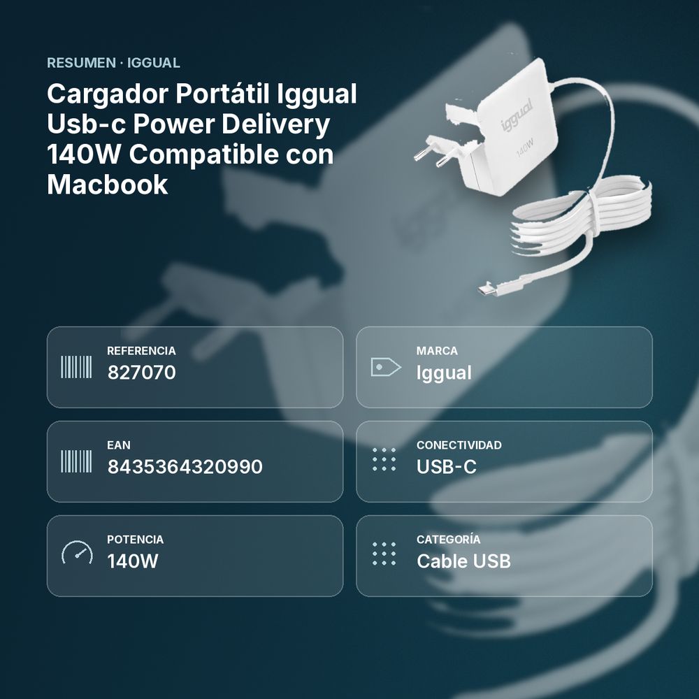 CARGADOR PORTÁTIL IGGUAL USB-C POWER DELIVERY 140W COMPATIBLE CON MACBOOK - resumen de atributos