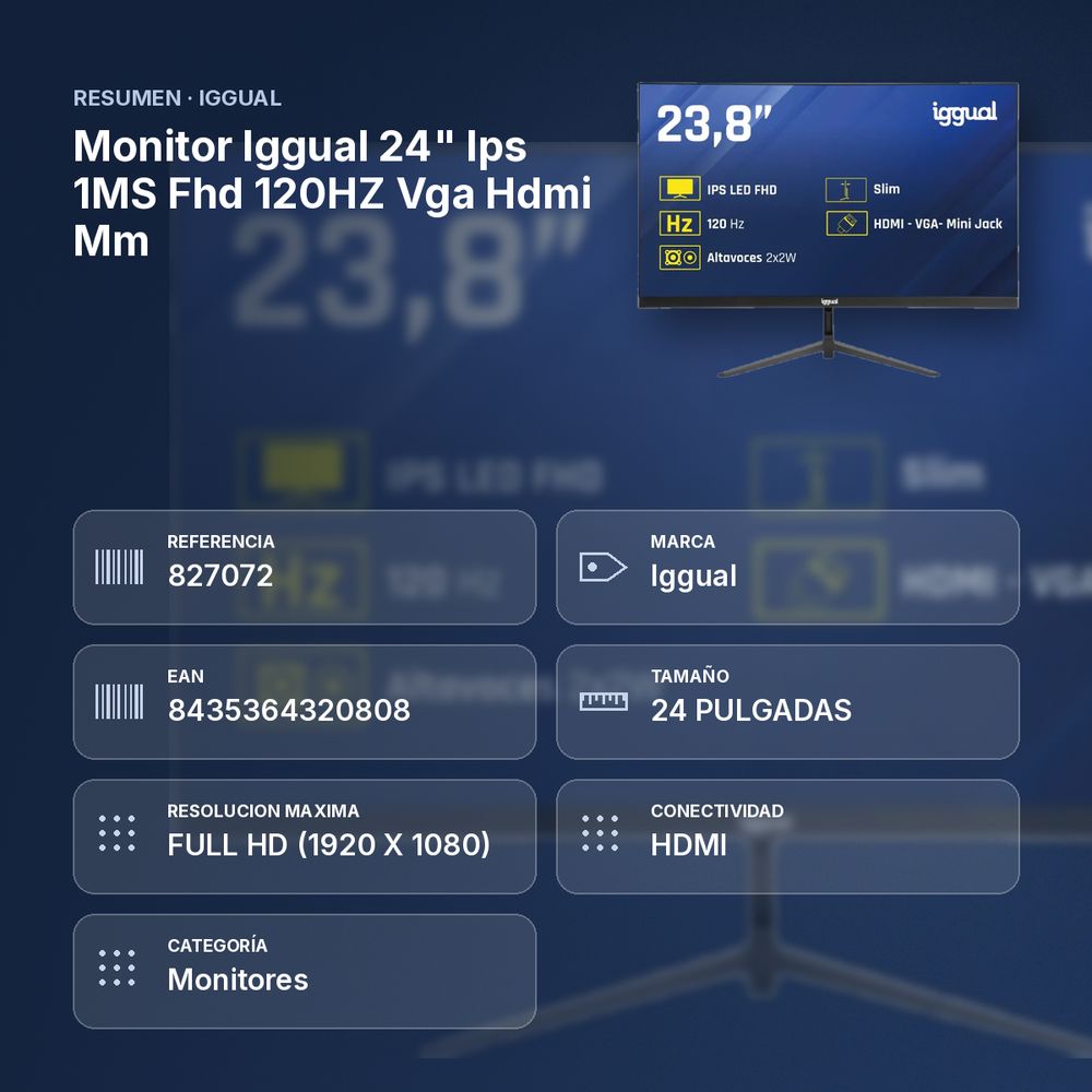 MONITOR IGGUAL 24" IPS 1MS FHD 120HZ VGA HDMI MM - resumen de atributos