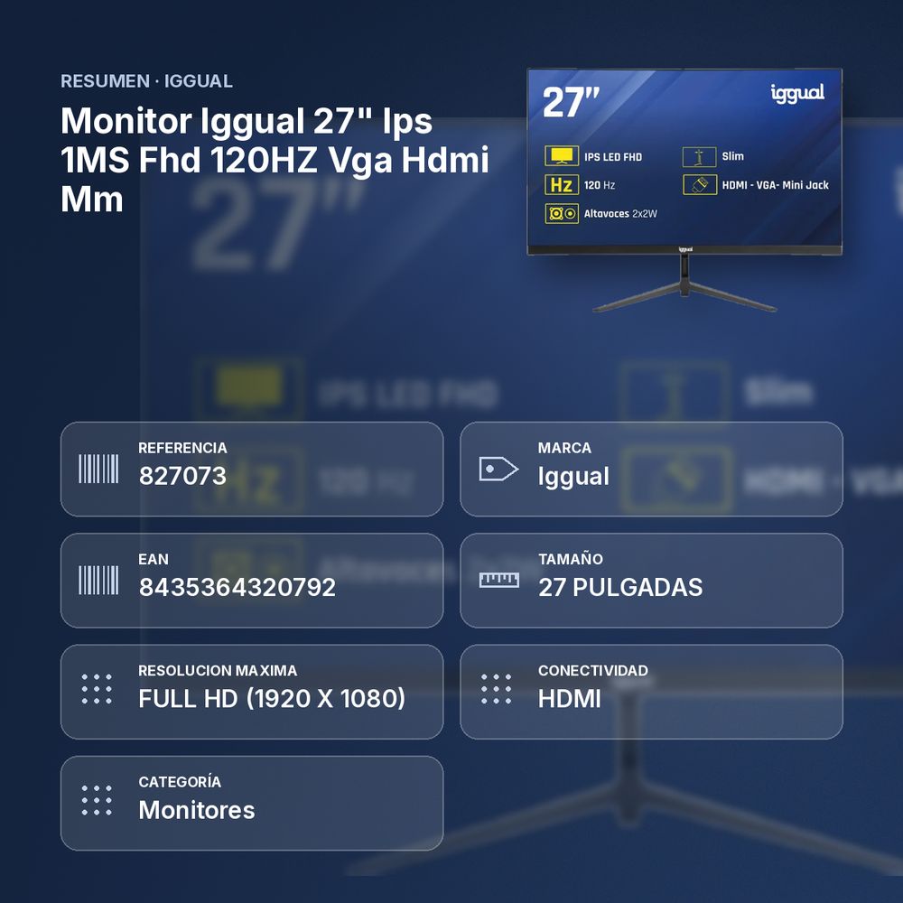 MONITOR IGGUAL 27" IPS 1MS FHD 120HZ VGA HDMI MM - resumen de atributos