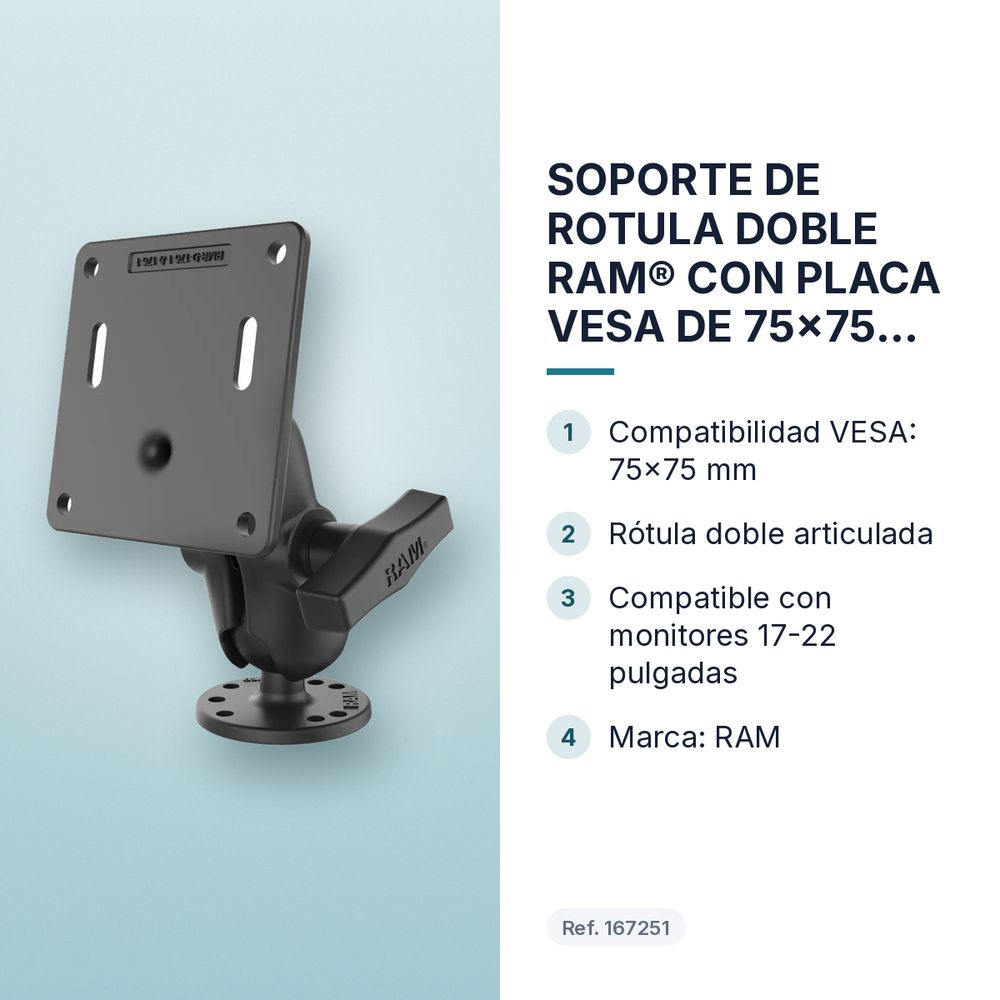 SOPORTE DE ROTULA DOBLE RAM® CON PLACA VESA DE 75x75 MM - características principales