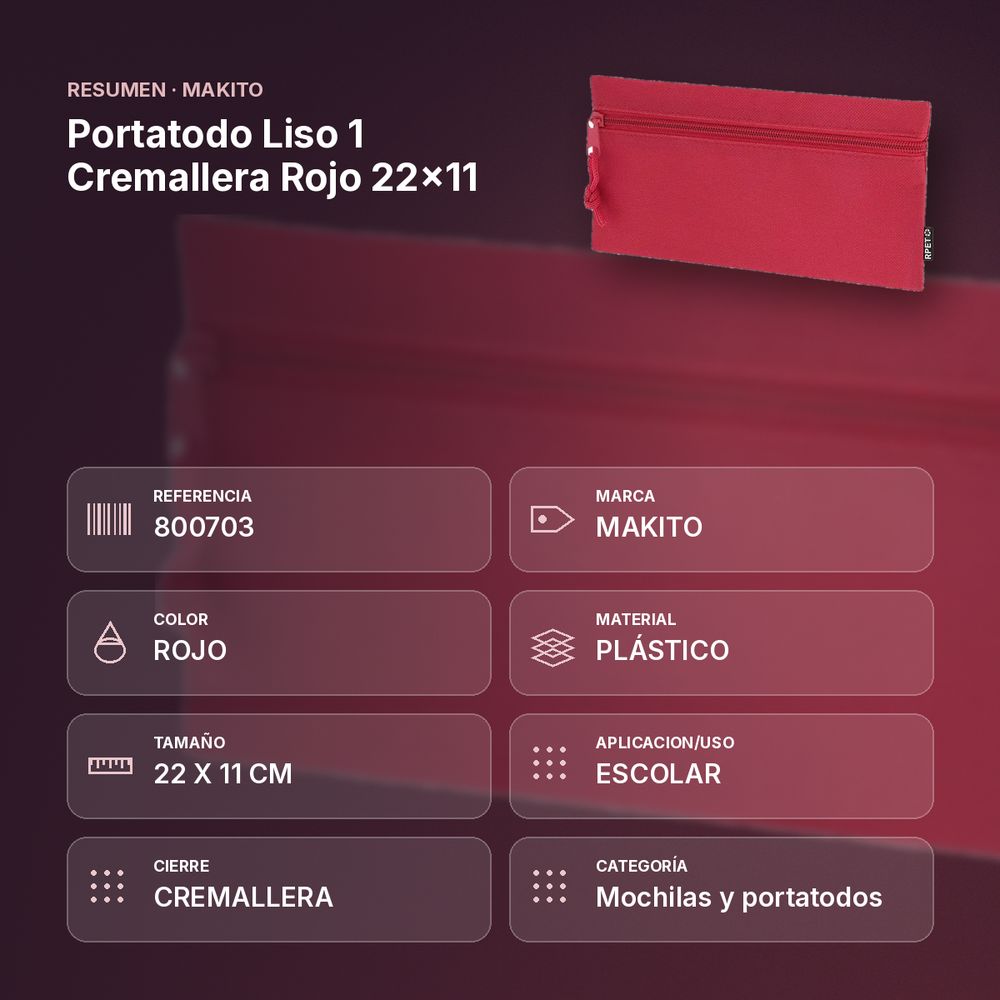 PORTATODO LISO 1 CREMALLERA ROJO 22X11  - resumen de atributos