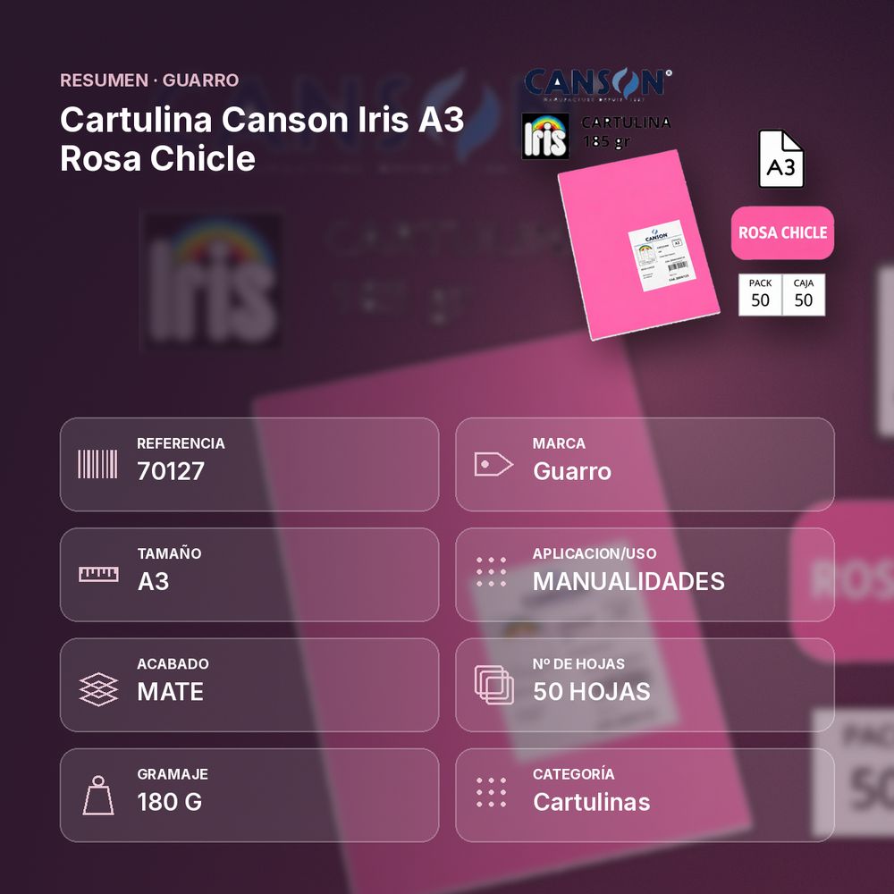 CARTULINA CANSON IRIS A3 ROSA CHICLE - resumen de atributos
