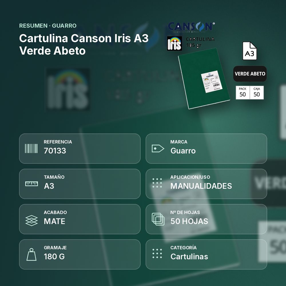 CARTULINA CANSON IRIS A3 VERDE ABETO - resumen de atributos