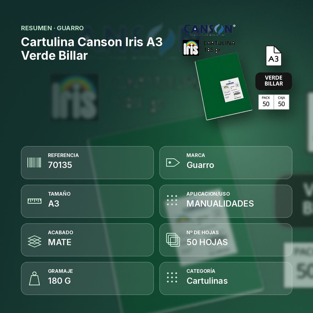 CARTULINA CANSON IRIS A3 VERDE BILLAR - resumen de atributos