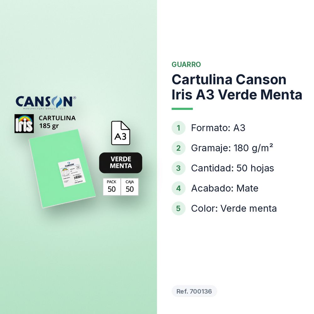 CARTULINA CANSON IRIS A3 VERDE MENTA  - características principales
