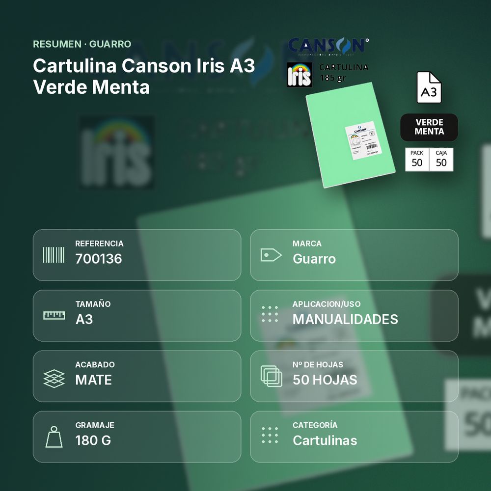 CARTULINA CANSON IRIS A3 VERDE MENTA  - resumen de atributos