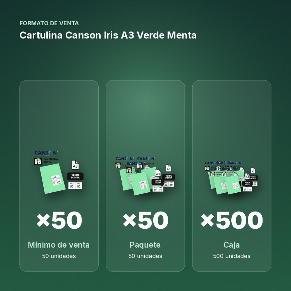 CARTULINA CANSON IRIS A3 VERDE MENTA  - formato de venta: paquete de 50, caja de 500