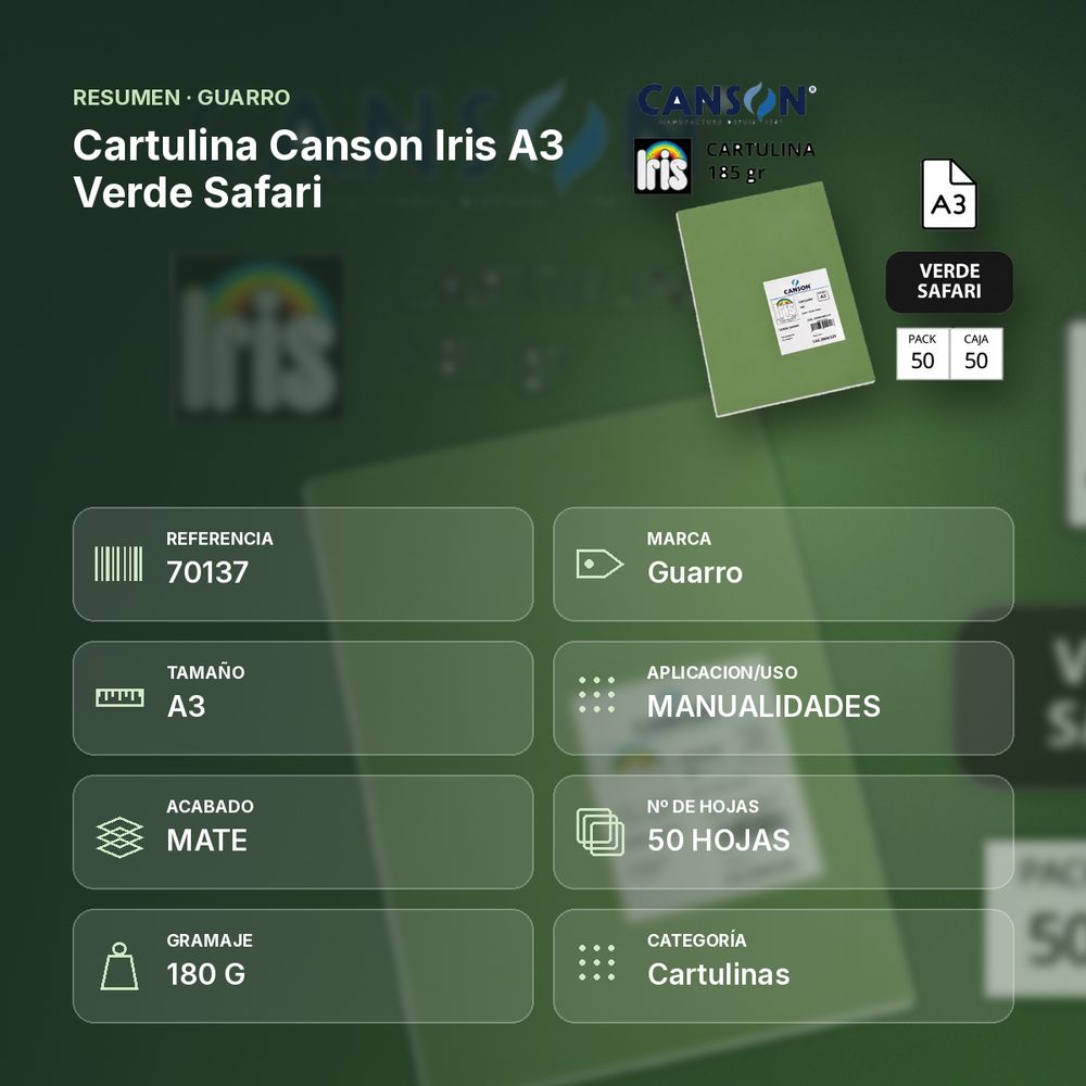 CARTULINA CANSON IRIS A3 VERDE SAFARI - resumen de atributos