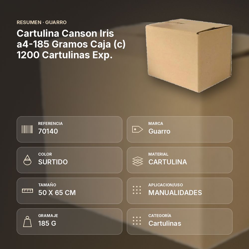 CARTULINA CANSON IRIS A4-185 GRAMOS CAJA (C) 1200 CARTULINAS EXP.     - resumen de atributos