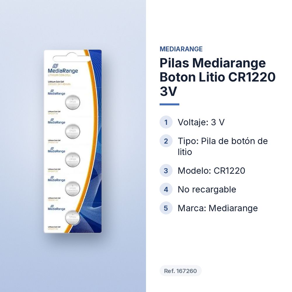 PILAS MEDIARANGE BOTON LITIO CR1220 3V - características principales