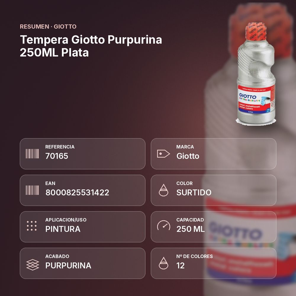 TEMPERA GIOTTO PURPURINA 250ML PLATA - resumen de atributos
