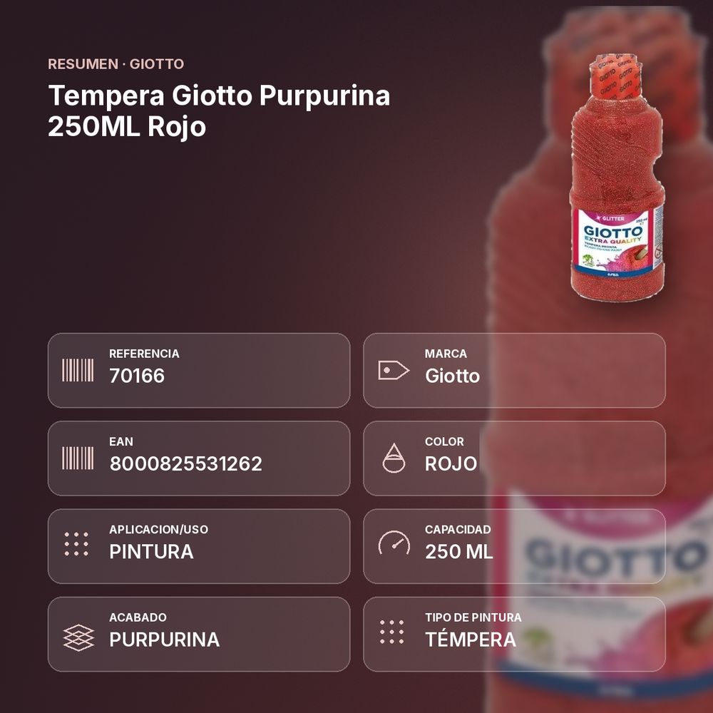 TEMPERA GIOTTO PURPURINA 250ML ROJO - resumen de atributos