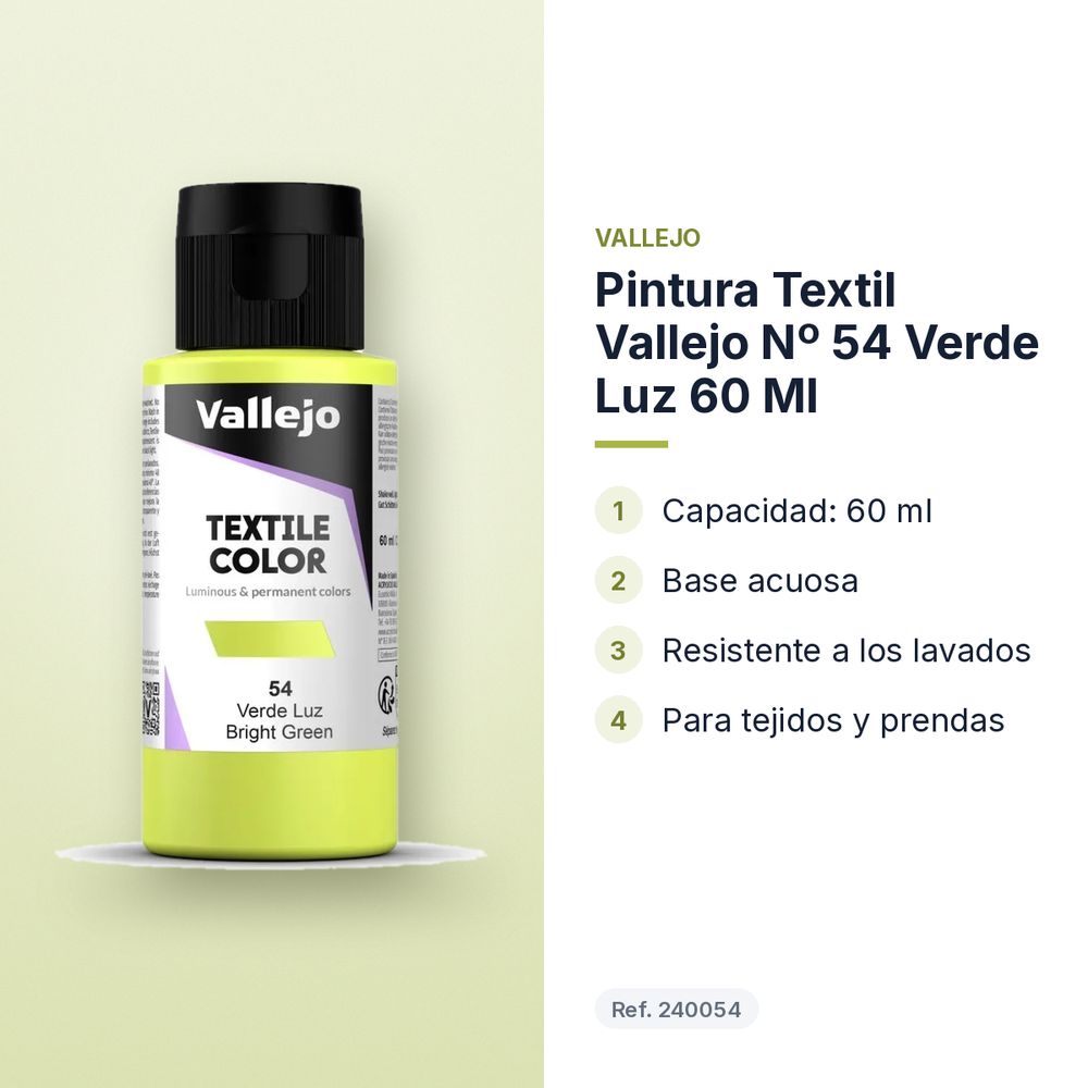 PINTURA TEXTIL VALLEJO Nº 54 VERDE LUZ 60 ML - características principales