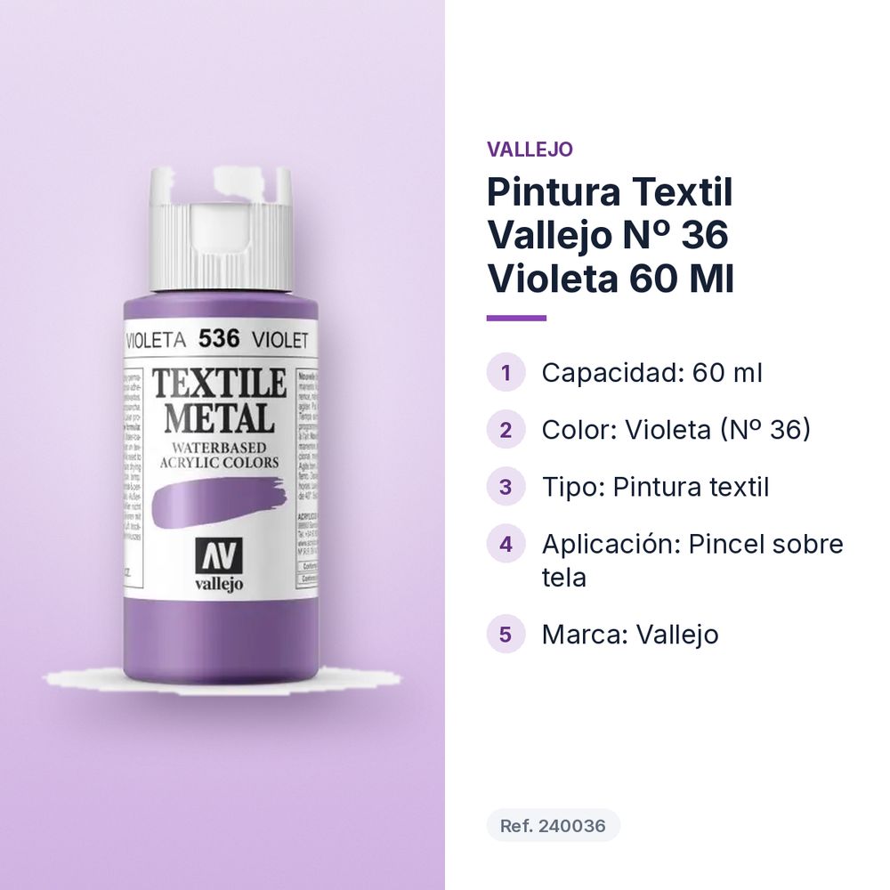 PINTURA TEXTIL VALLEJO Nº 36 VIOLETA 60 ML  - características principales