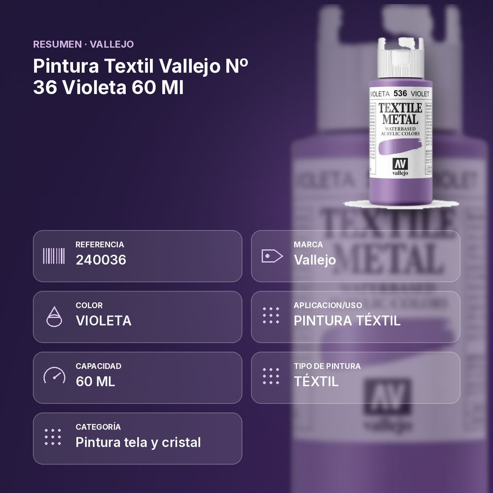 PINTURA TEXTIL VALLEJO Nº 36 VIOLETA 60 ML  - resumen de atributos