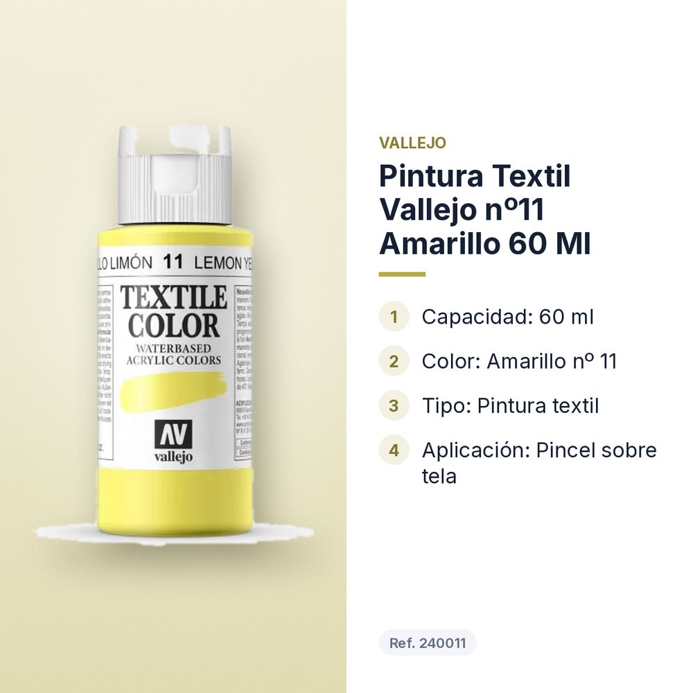 PINTURA TEXTIL VALLEJO Nº11 AMARILLO 60 ML  - características principales