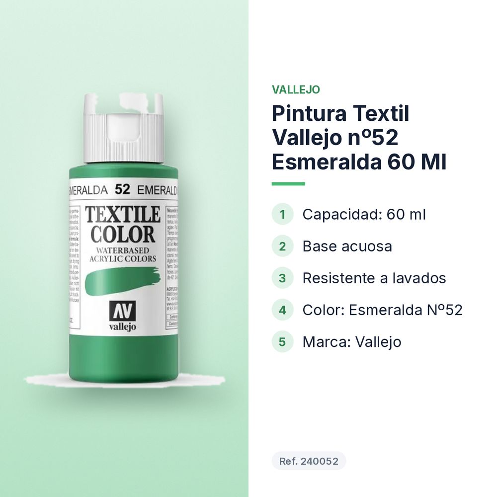 PINTURA TEXTIL VALLEJO Nº52 ESMERALDA 60 ML   - características principales