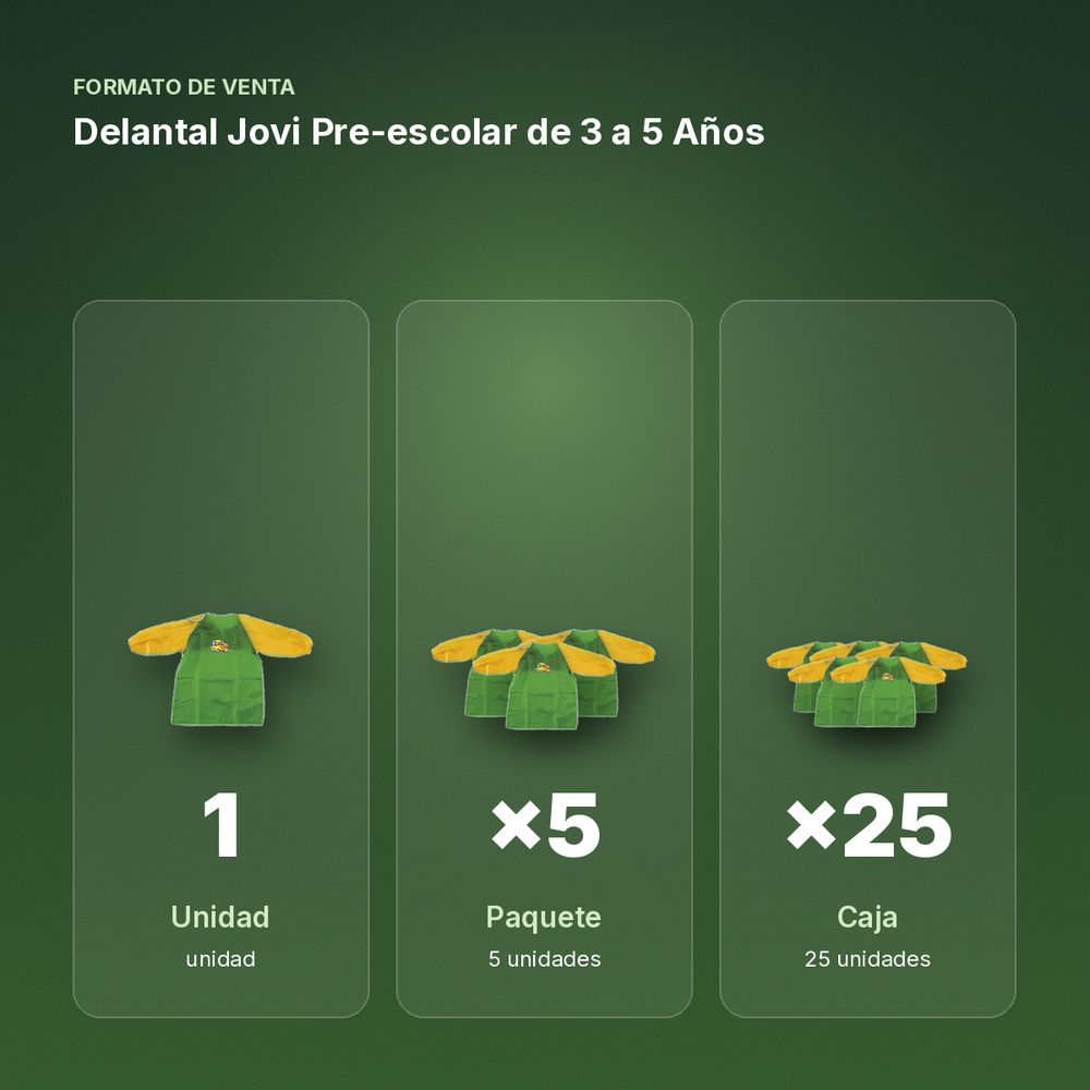 DELANTAL JOVI PRE-ESCOLAR DE 3 A 5 AÑOS  - formato de venta: paquete de 5, caja de 25